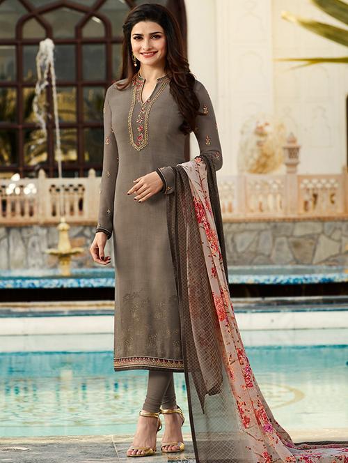 grey embroidered semi-stitched churidaar suit - 15113232 - Very Small Image - 1