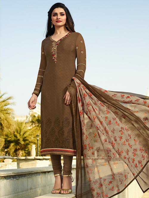 brown embroidered semi-stitched churidaar suit - 15113233 - Very Small Image - 1