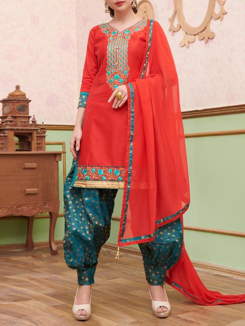red embroidered unstitched salwar suit - 15114633 - Very Small Image - 1