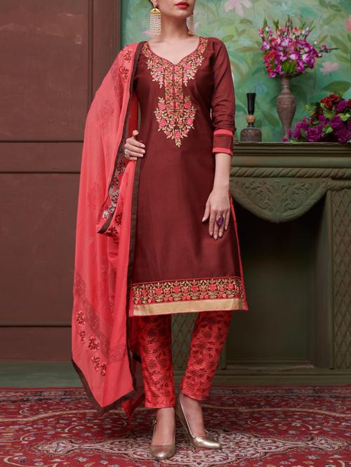 embroidered unstitched straight pant suit - 15114642 - Very Small Image - 1