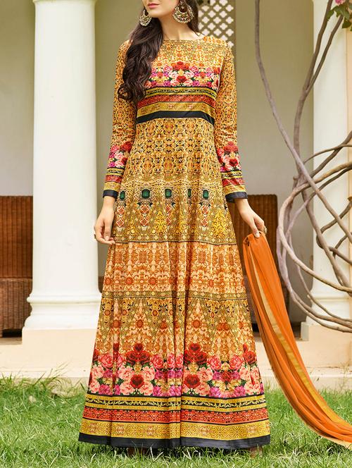 yellow printed unstitched flared suit - 15114922 - Very Small Image - 1