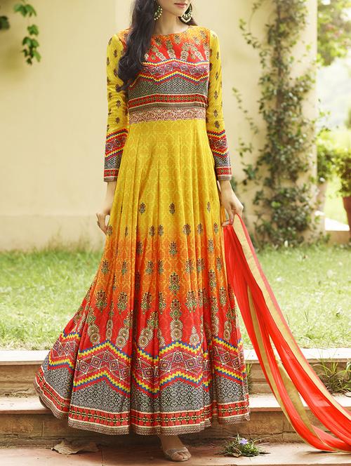 yellow printed unstitched flared suit - 15114928 - Very Small Image - 1