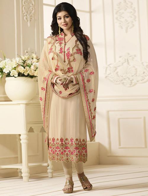 beige embroidered unstitched churidaar suit - 15114958 - Very Small Image - 1