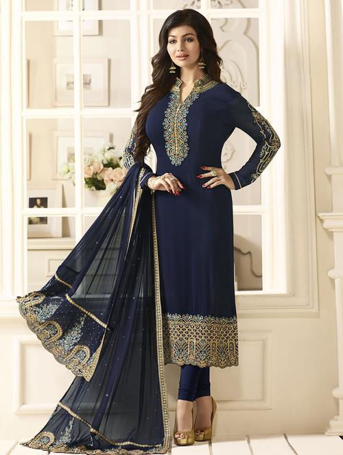 blue embroidered unstitched churidaar suit - 15114959 - Very Small Image - 1
