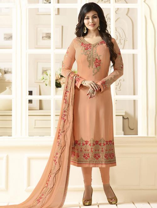 peach embroidered unstitched churidaar suit - 15114965 - Very Small Image - 1