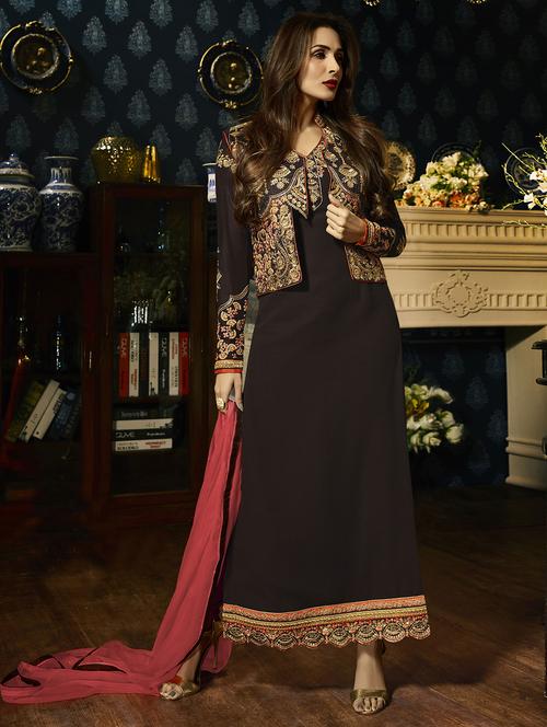 brown embroidered unstitched churidaar suit - 15114970 - Very Small Image - 1