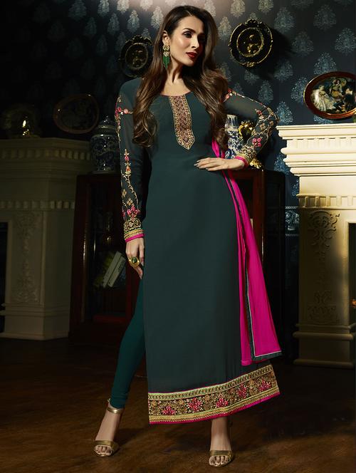 green embroidered unstitched churidaar suit - 15114971 - Very Small Image - 1