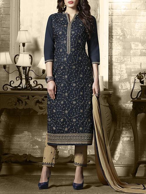 blue embroidered unstitched straight pant suit - 15114973 - Very Small Image - 1