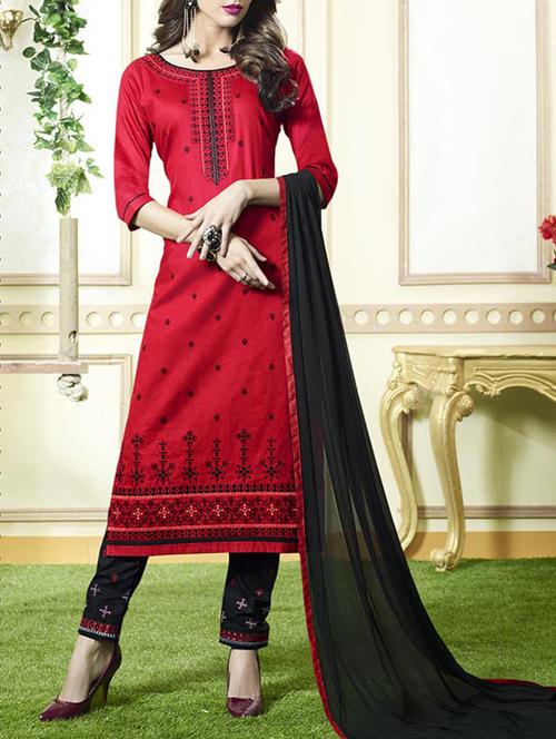 red embroidered unstitched straight pant suit - 15114991 - Very Small Image - 1