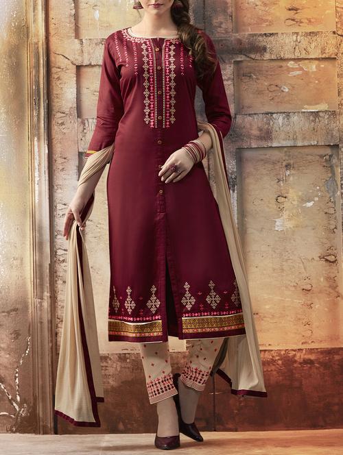 maroon embroidered unstitched straight pant suit - 15115003 - Very Small Image - 1