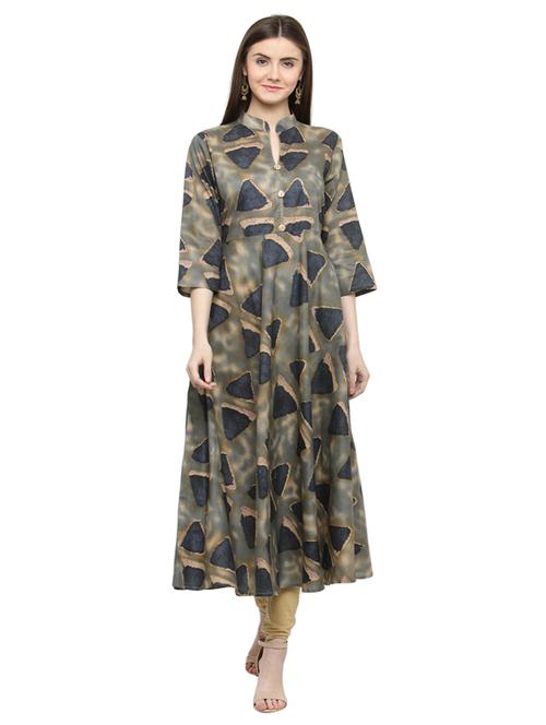 grey cotton flared kurta - 15115332 - Very Small Image - 1
