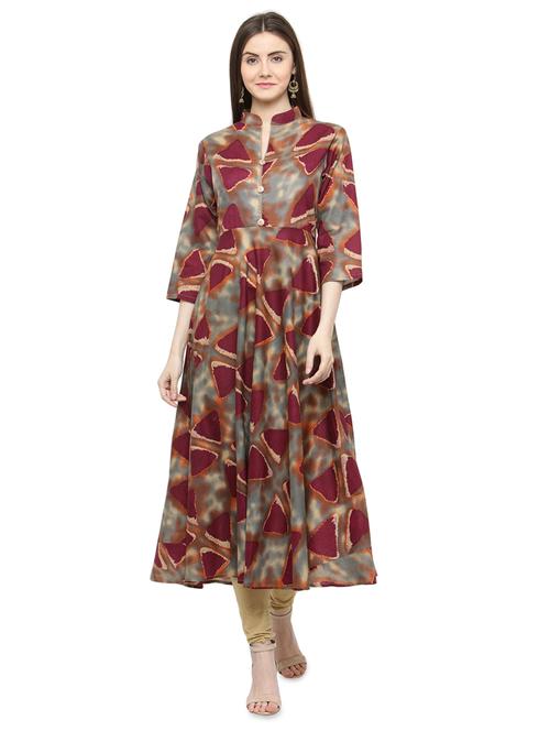 maroon cotton flared kurta - 15115333 - Very Small Image - 1
