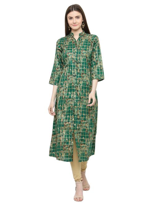 green cotton checks a-line kurta - 15115334 - Very Small Image - 1