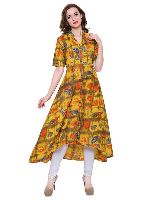 yellow cotton highlow kurta - 15115338 - Very Small Image - 1