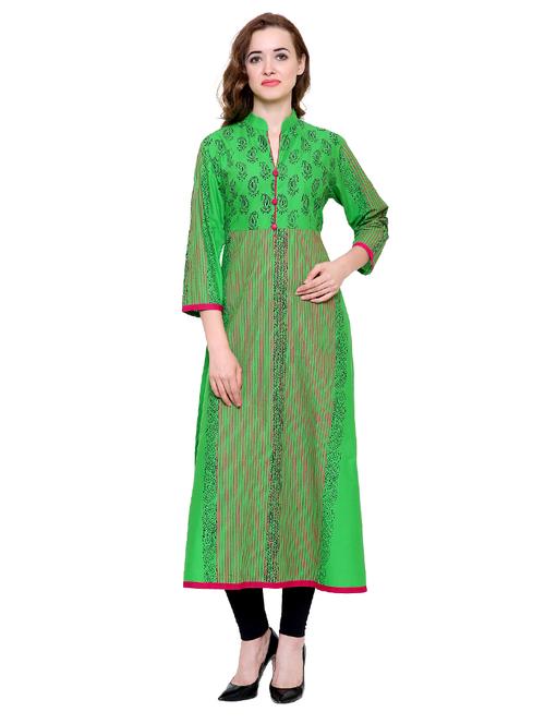 green cotton a-line kurta - 15115350 - Very Small Image - 1