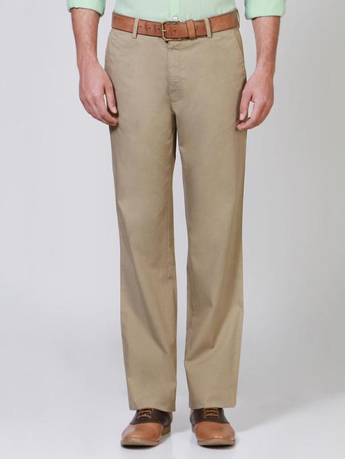 beige cotton flat front casual trousers - 15115965 - Very Small Image - 1