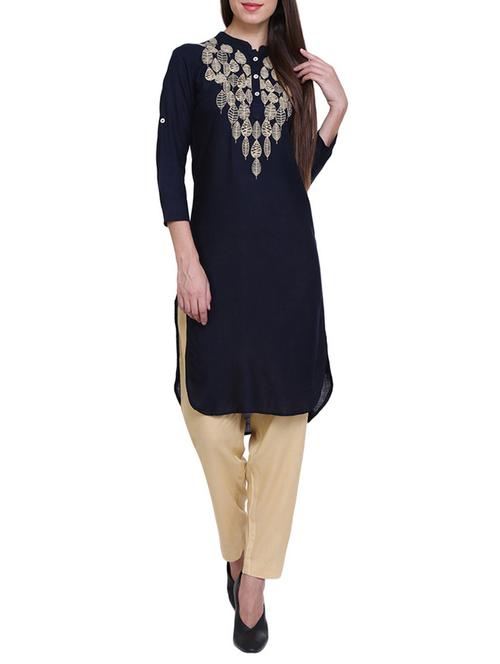 black rayon embroidered straight kurta - 15116828 - Very Small Image - 1