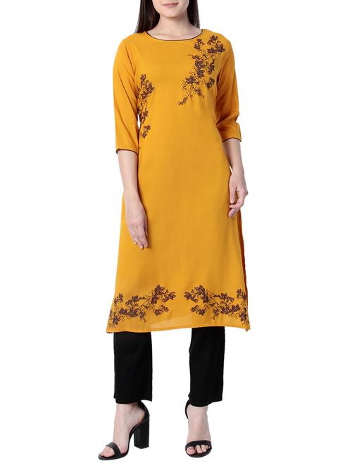 mustard viscose straight kurta - 15116836 - Very Small Image - 1