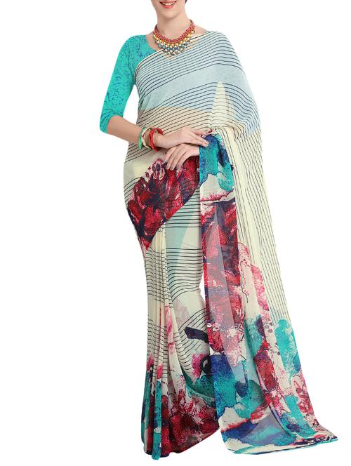 cream georgette printed saree with blouse - 15118445 - Very Small Image - 1