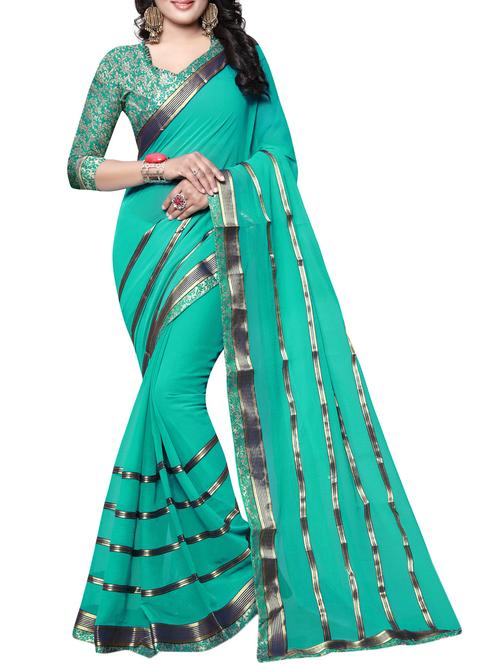 turquoise chiffon bordered saree with blouse - 15118655 - Very Small Image - 1