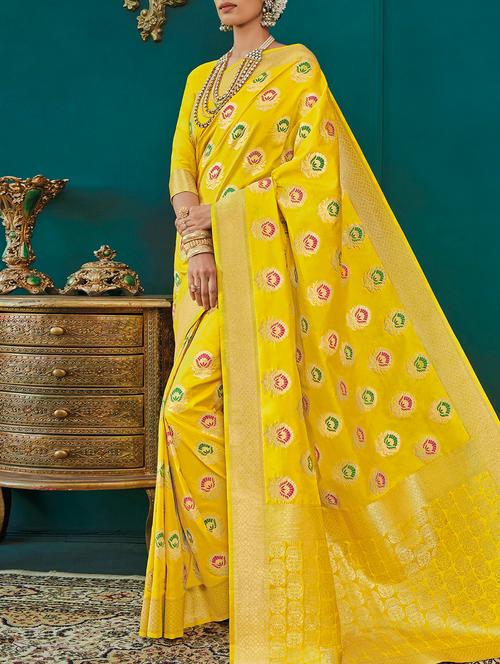 yellow silk blend woven saree - 15120769 - Very Small Image - 1