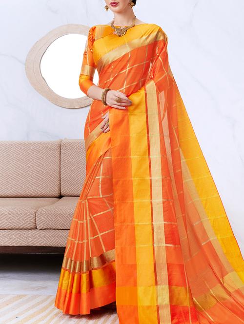 delicate golden checkered woven saree - 15120776 - Very Small Image - 1