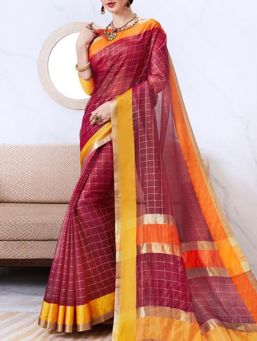delicate golden checkered woven saree - 15120782 - Very Small Image - 1