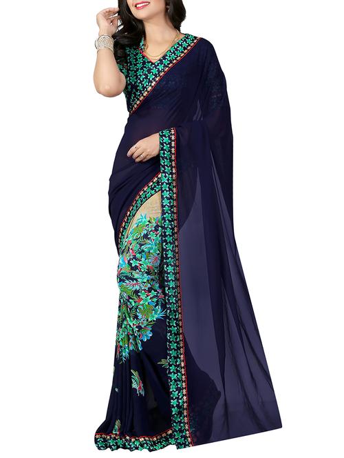 blue georgette half & half saree with blouse - 15121582 - Very Small Image - 1