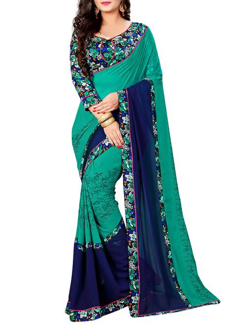 turquoise georgette printed saree with blouse - 15121583 - Very Small Image - 1