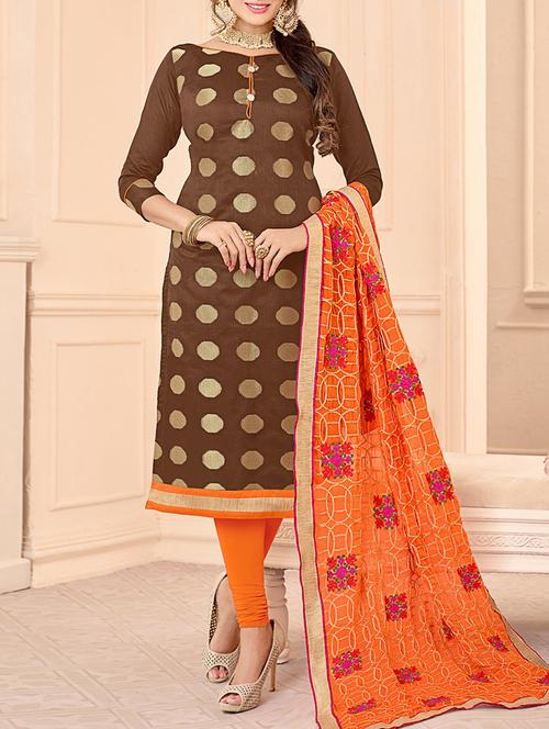 brown unstitched churidaar suit - 15122159 - Very Small Image - 1