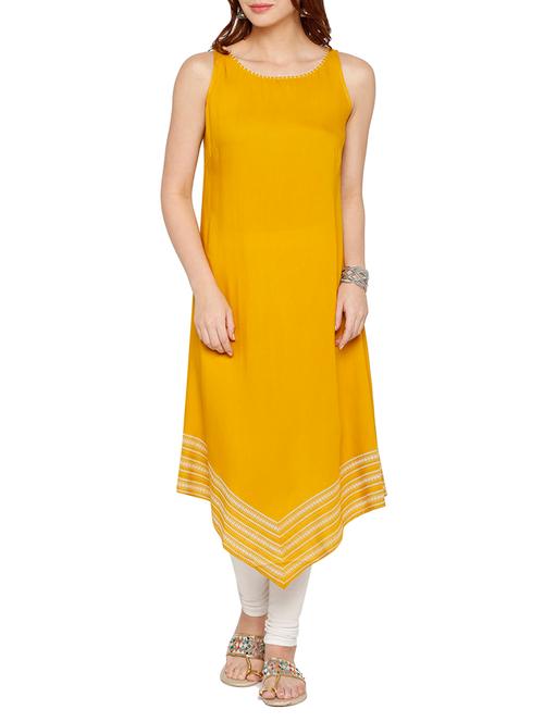 yellow viscose asymmetrical kurta - 15122346 - Very Small Image - 1