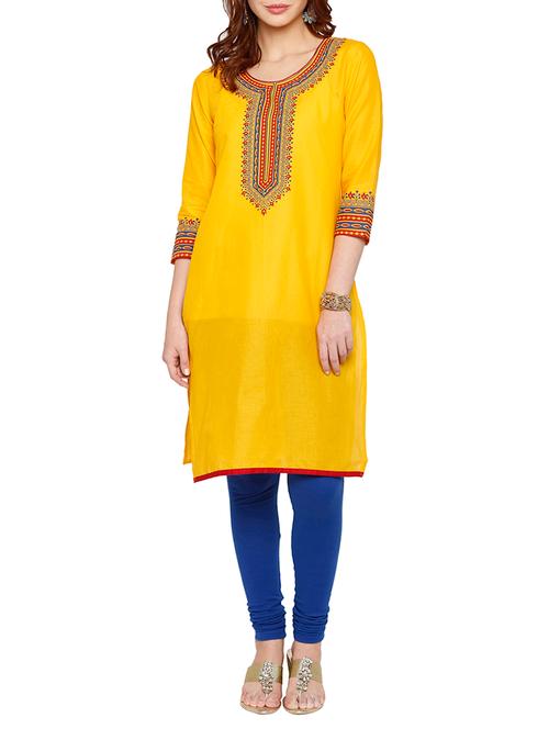 yellow cotton straight kurta - 15122348 - Very Small Image - 1