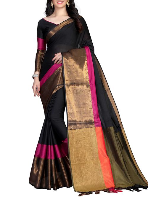 black cotton silk bordered saree with blouse - 15122413 - Very Small Image - 1