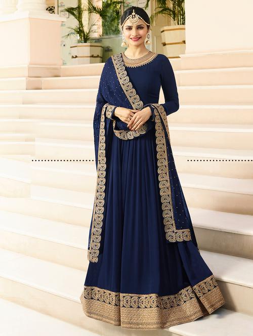 blue semi-stitched anarkali suits - 15122499 - Very Small Image - 1