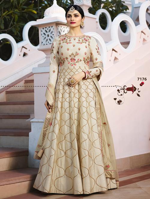 cream semi-stitched anarkali suits - 15122504 - Very Small Image - 1