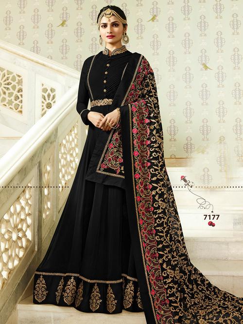 black semi-stitched anarkali suits - 15122505 - Very Small Image - 1