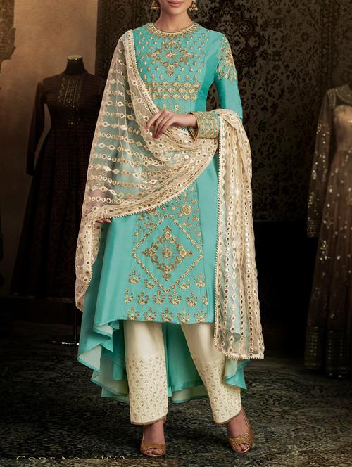 sky blue embroidered semi-stitched straight pant suit - 15122510 - Very Small Image - 1