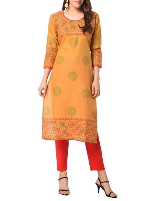 orange cotton straight kurta - 15122536 - Very Small Image - 1