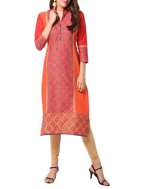 orange cotton straight kurta - 15122539 - Very Small Image - 1