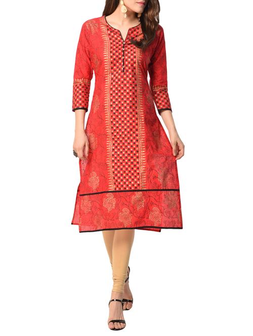 red cotton straight kurta - 15122541 - Very Small Image - 1