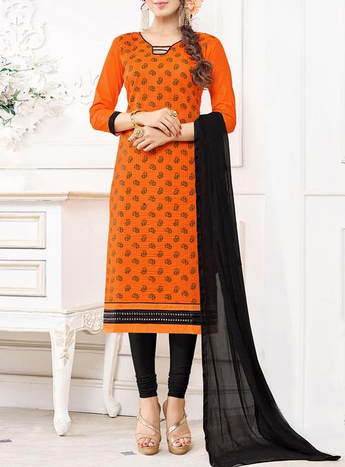 orange embroidered unstitched churidaar suit - 15124952 - Very Small Image - 1