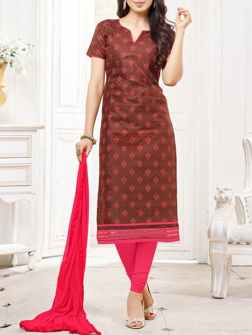 brown embroidered unstitched churidaar suit - 15124956 - Very Small Image - 1