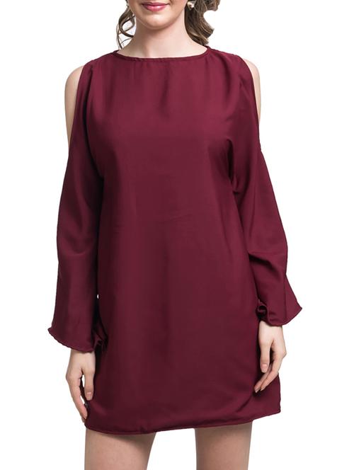 maroon solid crepe shift dress - 15125499 - Very Small Image - 1