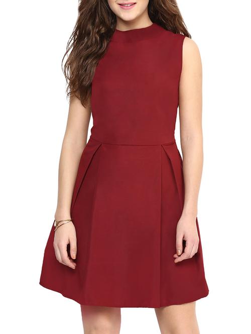 maroon solid crepe a-line dress - 15125501 - Very Small Image - 1