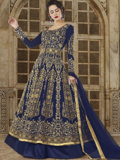 blue embroidered semi-stitched anarkali suit - 15125697 - Very Small Image - 1