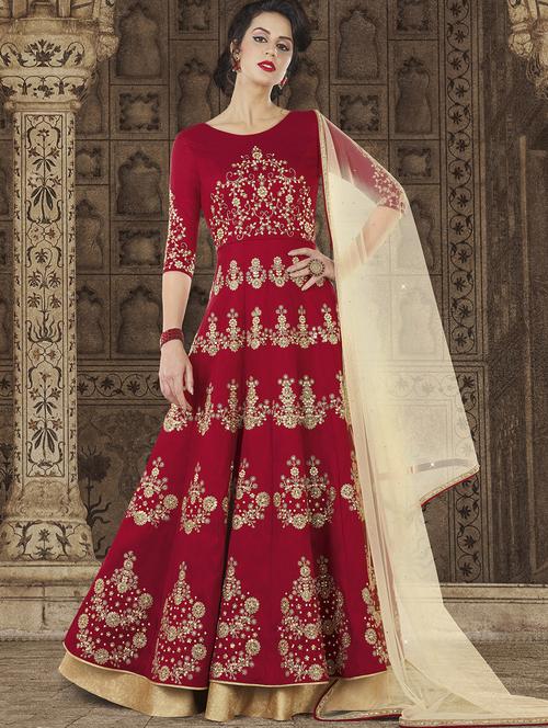 red embroidered semi-stitched anarkali suit - 15125699 - Very Small Image - 1