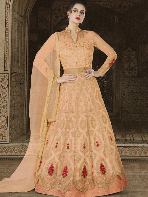 peach embroidered semi-stitched anarkali suit - 15125703 - Very Small Image - 1