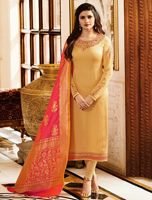 yellow embroidered semi-stitched churidaar suit - 15126121 - Very Small Image - 1