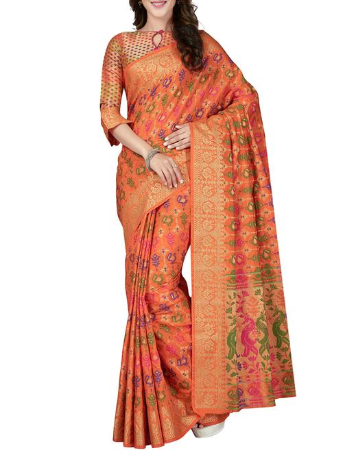 orange silk blend banarasi saree with blouse - 15126910 - Very Small Image - 1