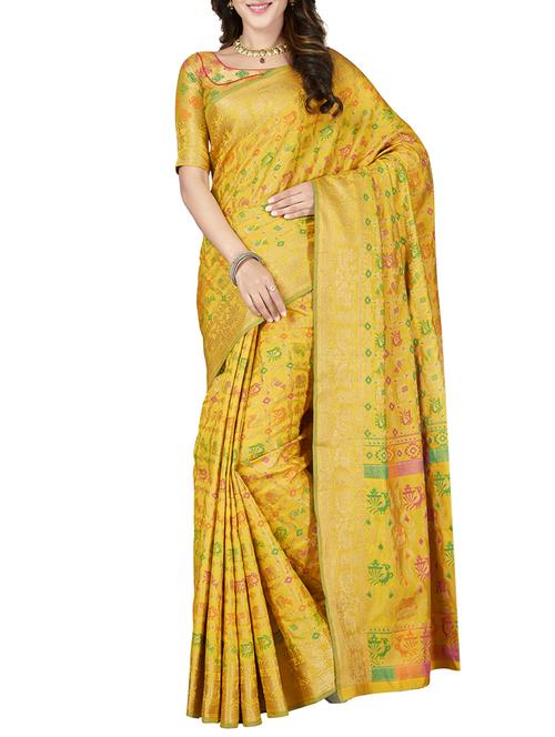 yellow silk blend banarasi saree with blouse - 15126914 - Very Small Image - 1